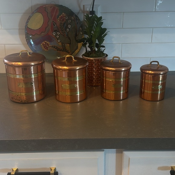 Vintage Copper Canister Set with Brass Accents - 4 Pieces make offer